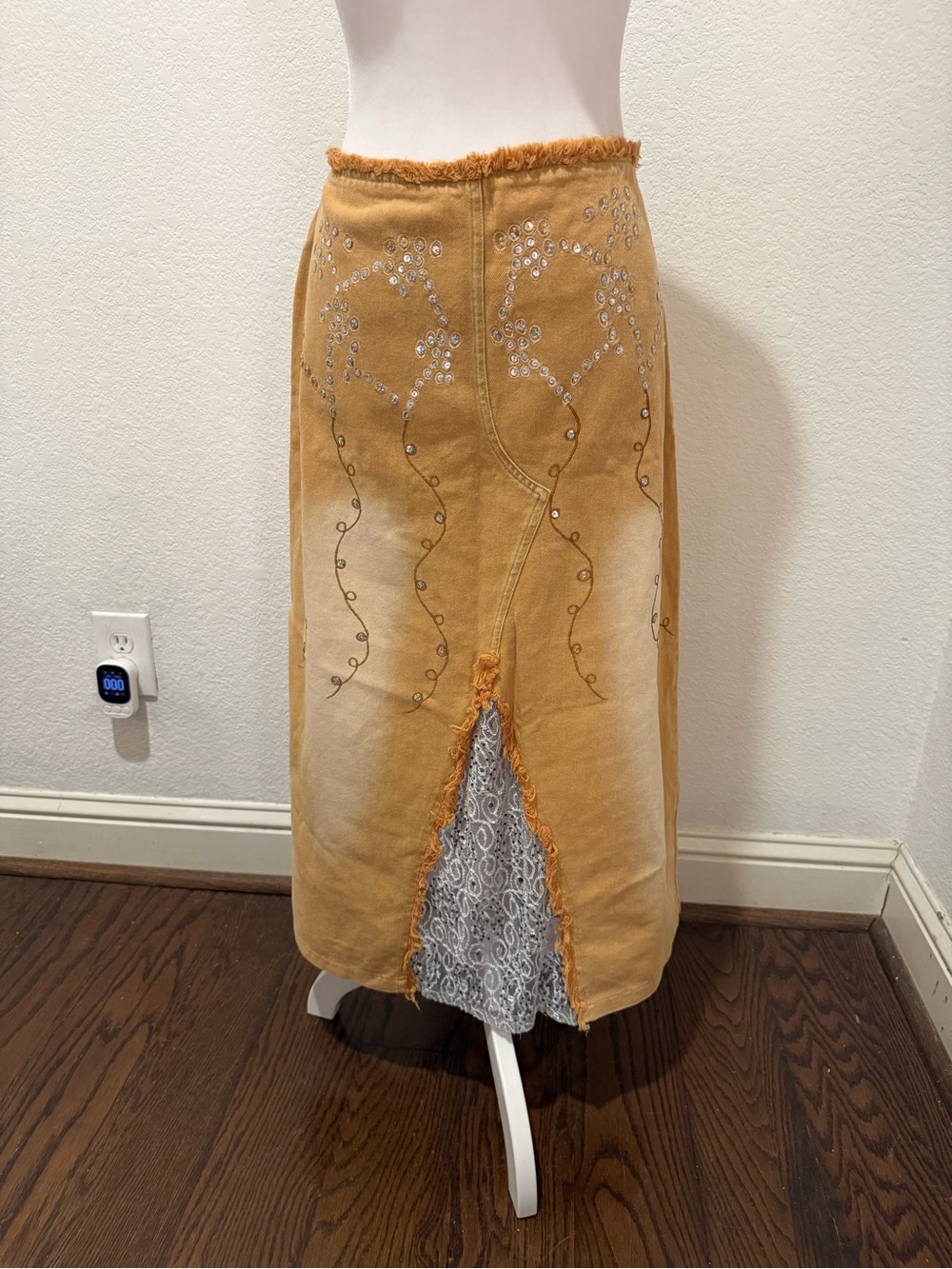 Y2K Euro Embellished Denim Maxi Skirt with Lace Inset